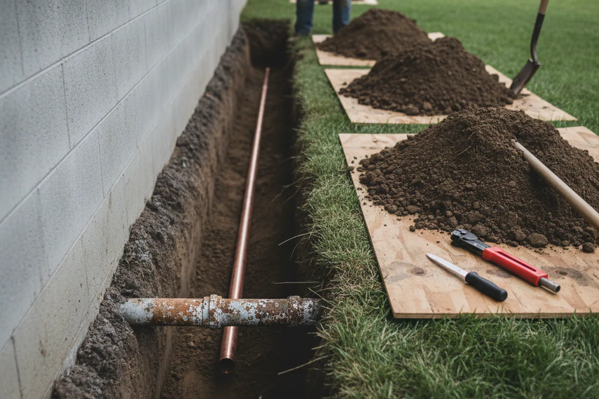 Excavated water line trench during Sewer Line Repair in Hayes